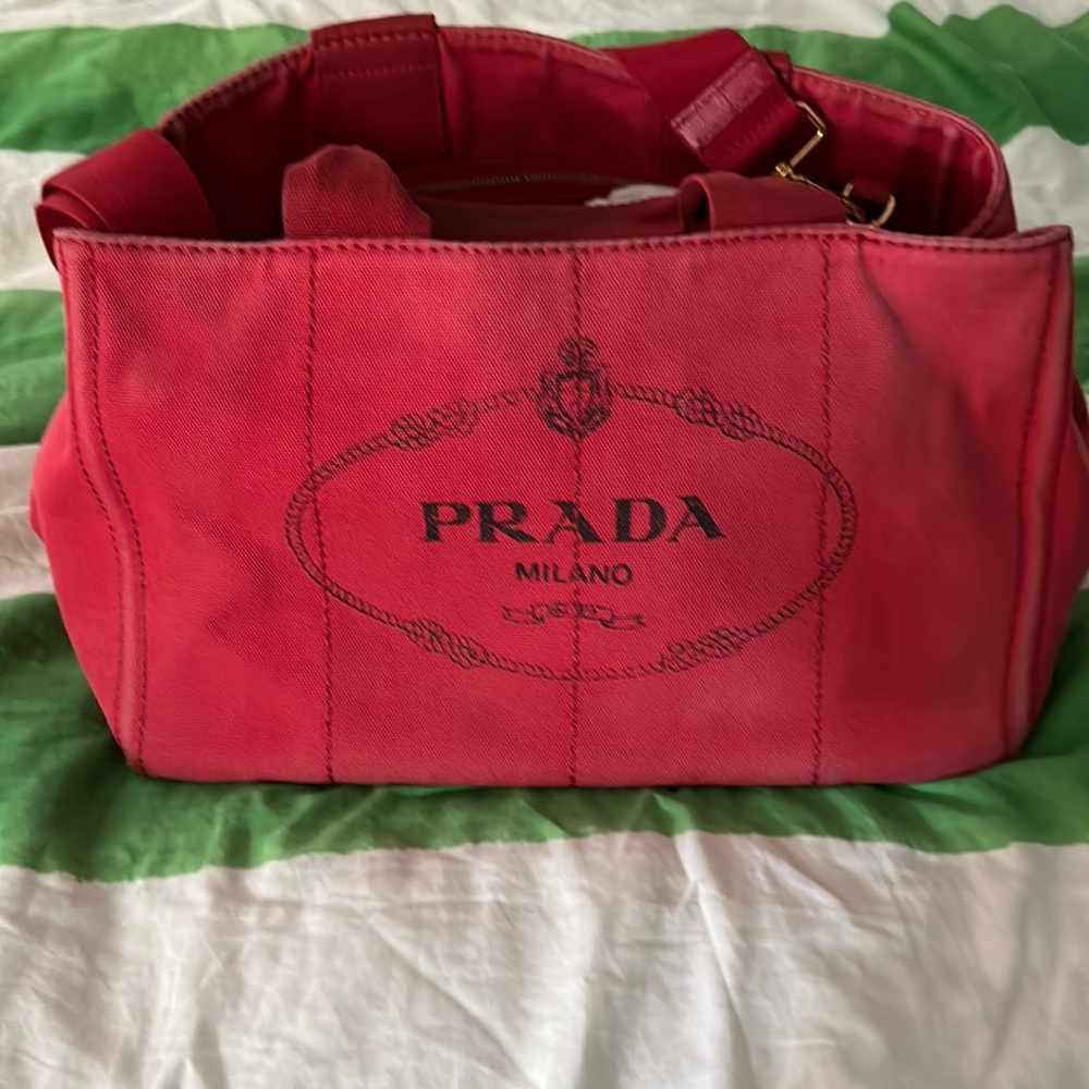 Prada red canopy canvas tote w strap well used needs a dye